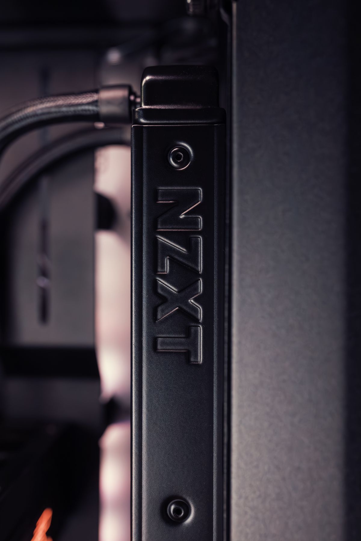 Close detail of a matte black PC case panel