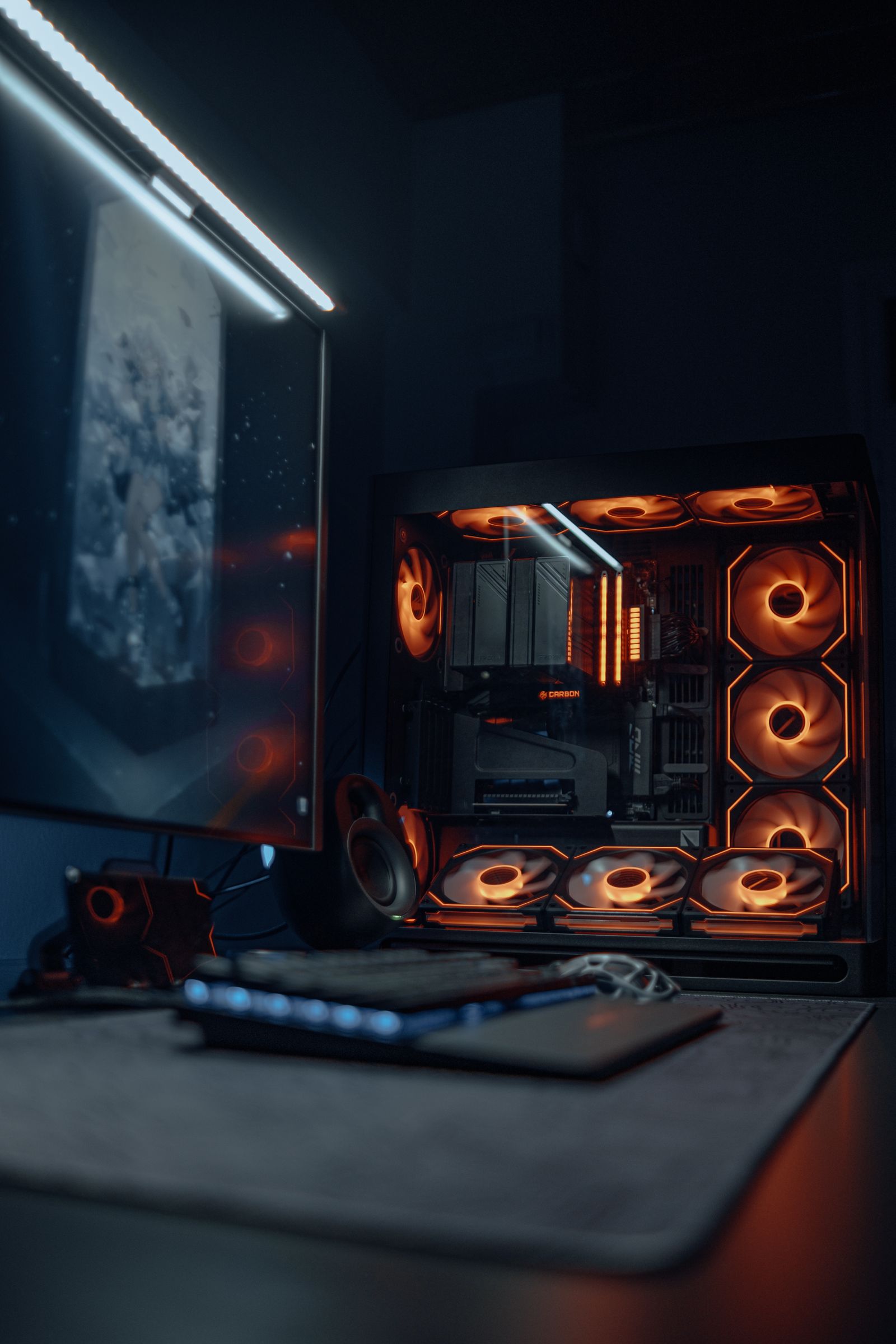 A custom built gaming PC on a desk, lit from inside