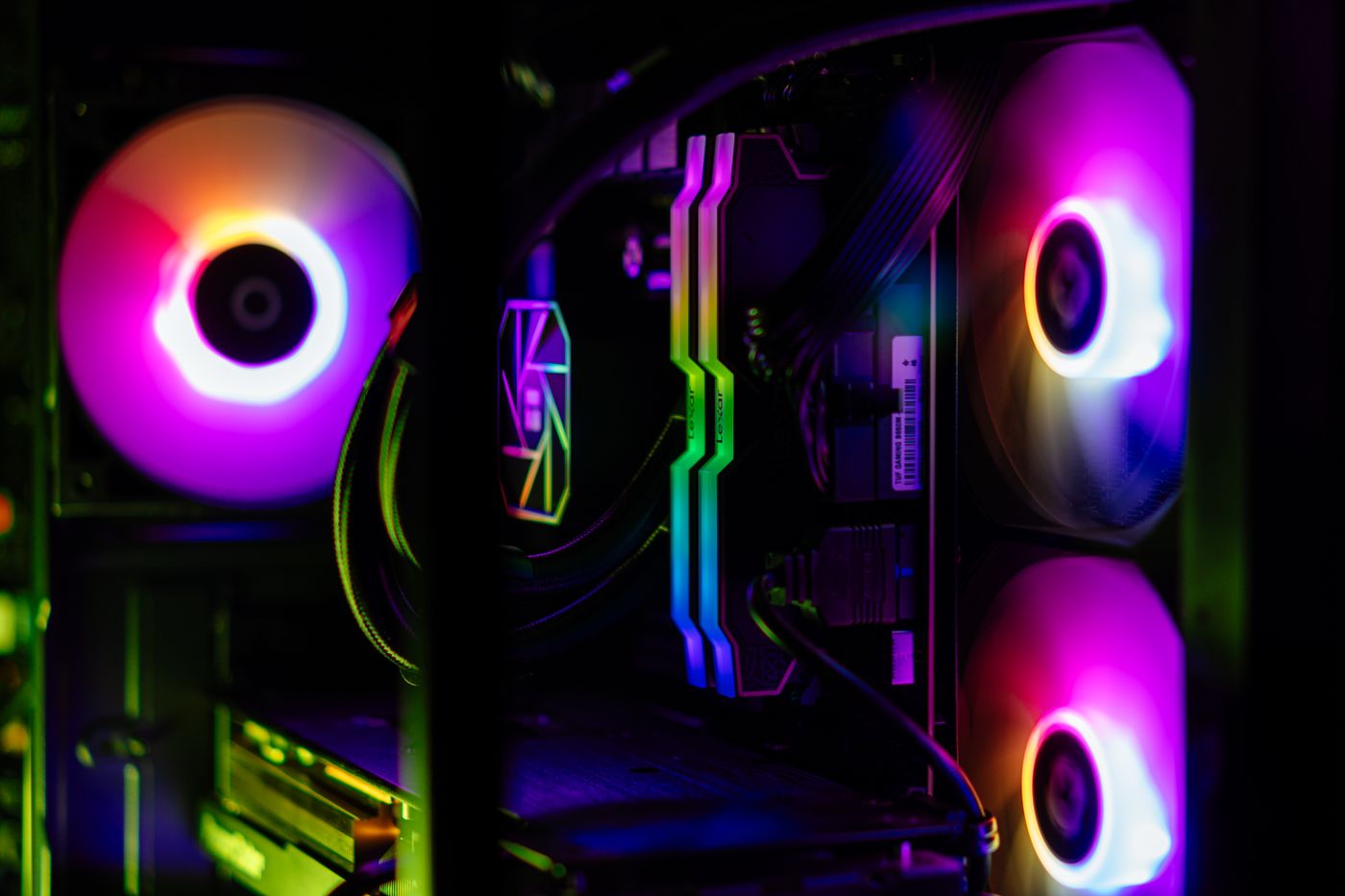 The inside of a finished build with RGB fans and tidy cabling