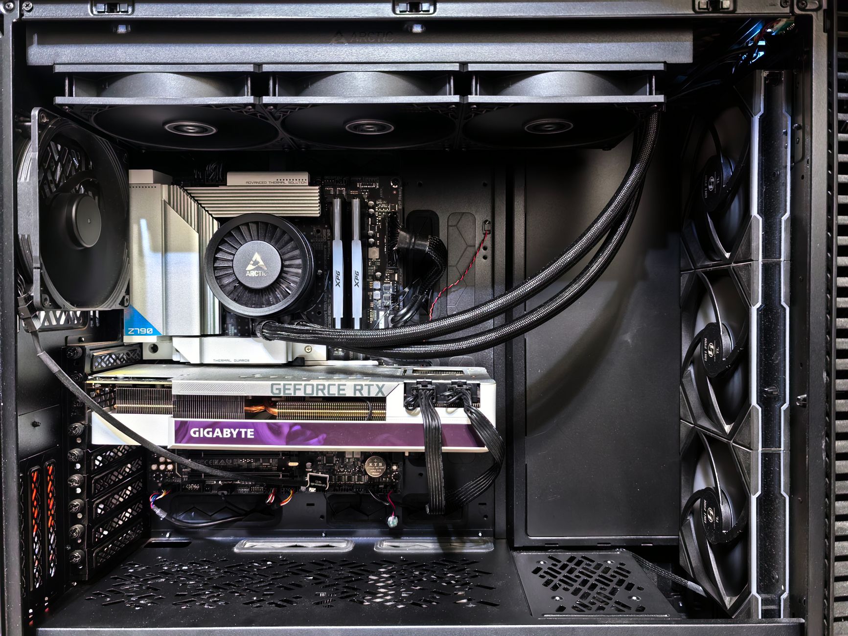The inside of a finished build with the graphics card fitted